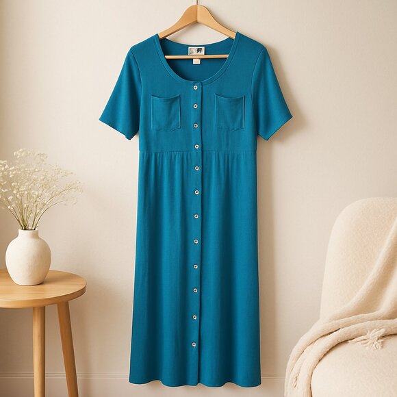 Vintage 90s Leisure Wear by Adonna Button-Front Maxi Dress M Modest Knit - Picture 1 of 9